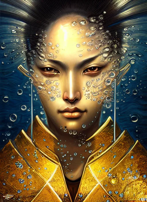 Prompt: portrait of water samurai, splashing water against black background, digital art, highly detailed illustration, Karol Bak, golden ratio, rule of thirds