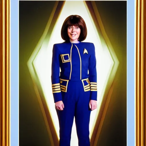 Image similar to a full body photograph of younger elisabeth sladen as a star fleet science officer from star trek next generation, full dress uniform, symmetrical face, extreme realism and detail, 8 k, completely framed, direct lighting, 3 5 mm photo, photorealistic, sharp focus