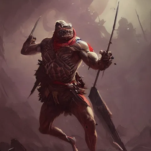 Image similar to muscular frog warrior by Greg Rutkowski