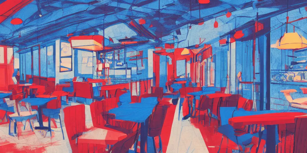 Image similar to cafe interior, blue and red tones, illustration