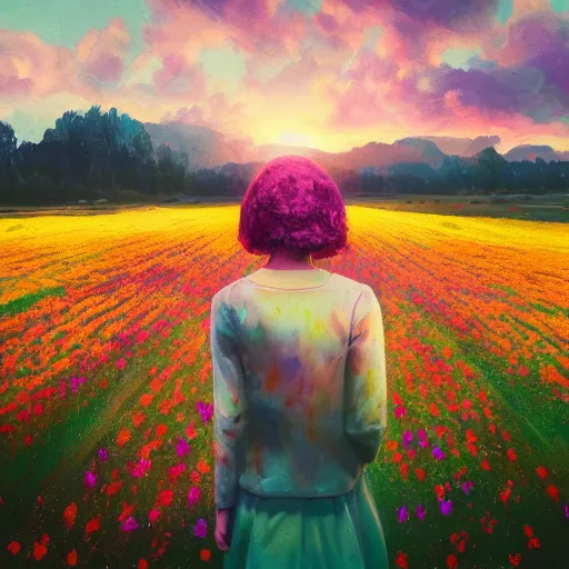 Prompt: girl with a flower face, surreal photography, bizzare, dreamlike, standing in flower field, in a valley, sunrise dramatic light, impressionist painting, colorful clouds, artstation, simon stalenhag