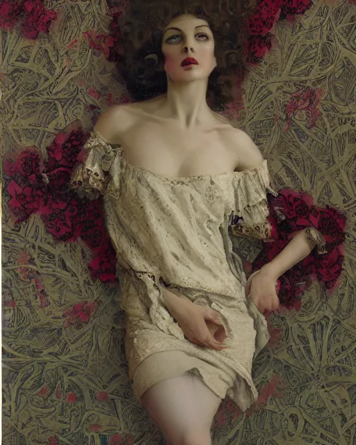 Image similar to a beautiful but sinister woman in layers of fear, with haunted eyes and curly hair, 1 9 7 0 s, seventies, floral wallpaper, delicate embellishments, a little blood, crimson, painterly, offset printing technique, by william russell flint