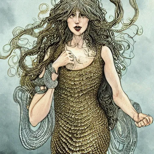 Image similar to woman wearing dress made of silver fish scales with long curly gold hair, art by Rebecca Guay, trending on artstation