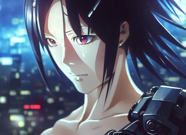 Image similar to a anime portrait of a cyborg woman, finely detailed features, closeup at the face, sharp focus, aesthetically pleasing art, night time city background, cinematic lighting, highly detailed, intricate, smooth, anime!! artstation, trending on pixiv fanbox, painted by greg rutkowski and studio ghibli and yoji shinkawa and hayao miyazaki,