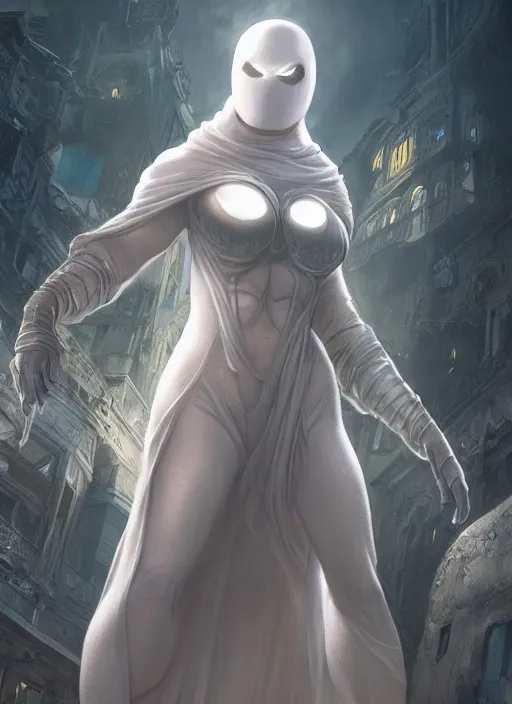 Image similar to female moon knight, hyper detailed, digital art, trending in artstation, cinematic lighting, studio quality, smooth render, unreal engine 5 rendered, octane rendered, art style by klimt and nixeu and ian sprigger and wlop and krenz cushart