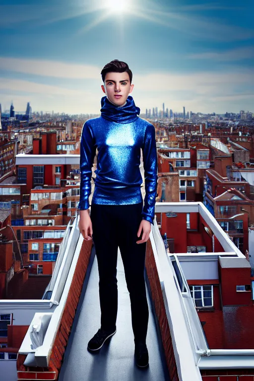 Image similar to un ultra high definition studio quality photographic art portrait of a young man standing on the rooftop of a british apartment building wearing soft padded silver pearlescent clothing. three point light. extremely detailed. golden ratio, ray tracing, volumetric light, shallow depth of field. set dressed.