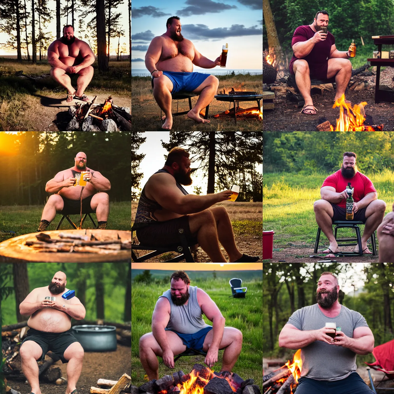 Prompt: a big burly strongman drinking a beer in front of a campfire, dad energy, flip flops, shorts, summer dusk, photography