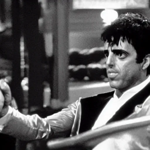 Image similar to jerry seinfeld as tony montana in scarface, movie still