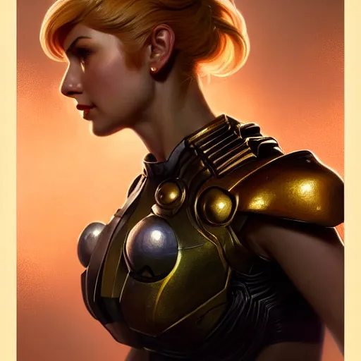 Image similar to head and shoulder portrait of Samus Aran with partial armor, dark fantasy, medium shot, intricate, elegant, highly detailed, digital painting, volumetric light, artstation, concept art, smooth, sharp focus, illustration, art by Gil Elvgren and Greg Rutkowski and Alphonse Mucha