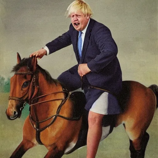 Prompt: a portrait of boris johnson in boxer shorts riding a horse, communist propaganda