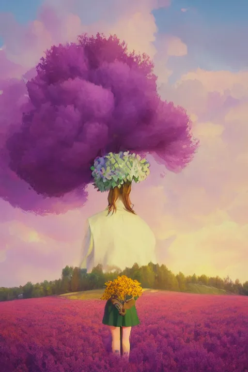 Prompt: portrait, giant lilac flower as head, girl in heather field, surreal photography, golden hour, colorful clouds, impressionist painting, digital painting, artstation, simon stalenhag