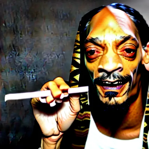 Image similar to Snoop Dog with big eyes eye color red , smiling and holding a joint in his hand