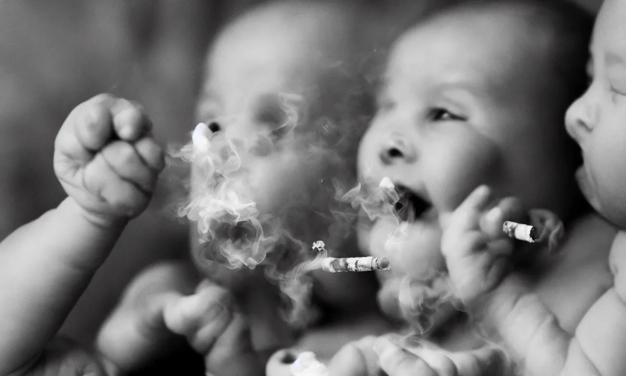 Image similar to a photograph of a baby smoking a crack pipe