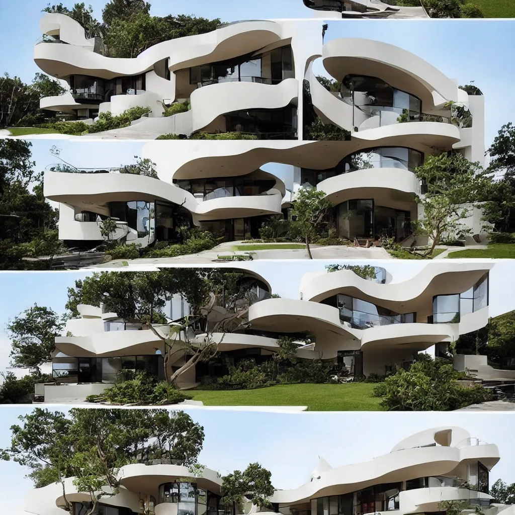 Image similar to “ a two story modern house with curve tectonic balconies designed by famous architects online lab of architecture, house sold for 4 million dollars ”