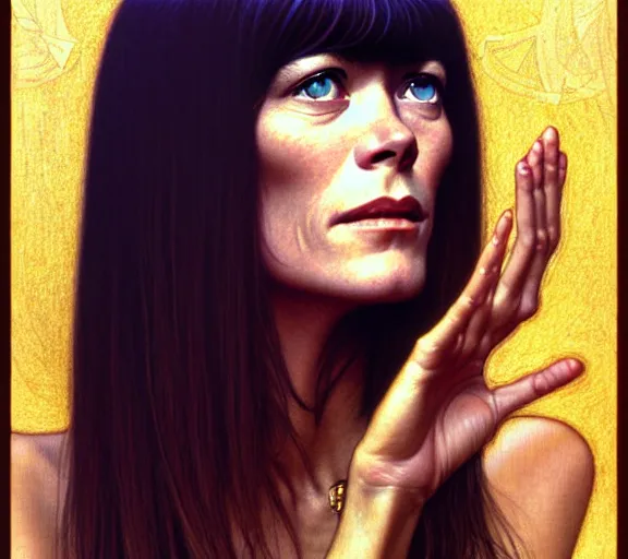 Prompt: photography francoise hardy with hands - up and hairy armpits, dressed like cleopatra, deep focus, intricate, elegant, highly detailed, digital painting, artstation, concept art, matte, sharp focus, illustration, art by artgerm and greg rutkowski and alphonse mucha and gil elvgren