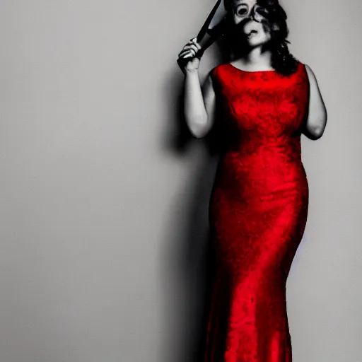 Prompt: a detailed photo of woman in evening dress and smoke around the woman, noire photo, grayscale photo with red dress, photo by Michael David Rock, 8K, 50mm lens