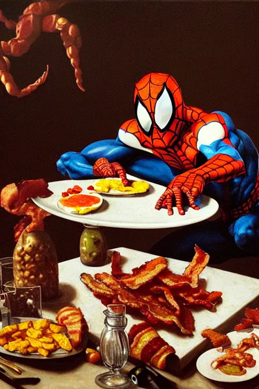 Prompt: spider - man eating fried eggs and bacon, oil painting, high detail, dark lighting, atmospheric, extremely detailed, intricate, da vinci, michelangelo, caravaggio, hans holbein, raphael, donatello, 8 k