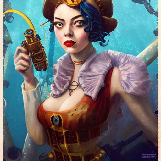 Image similar to lofi underwater bioshock steampunk pirate portrait of emma stone, pixar style, by tristan eaton stanley artgerm and tom bagshaw.