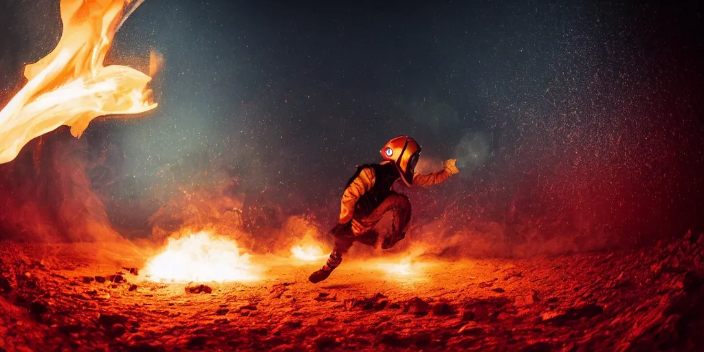 Image similar to fisheye slow motion with trail fire effect of futuristic break dancer wearing long dark cloak and golden helmet emitting fire, long exposure shot , enigmatic, at night in the middle of the arctic with red light A letter, paddle of water, steam, fog, water splashes, rim lights, glossy reflections, water droplets on lens, octane render, Volumetric dynamic lighting, stunning cover magazine, high details, hajime sorayama