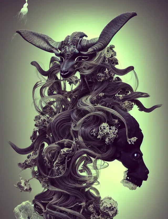 Image similar to 3 d goddess goat skull half - turn portrait with long hair with ram skull. beautiful intricately detailed japanese crow kitsune mask and clasical japanese kimono. betta fish, jellyfish phoenix, bio luminescent, plasma, ice, water, wind, creature, artwork by tooth wu and wlop and beeple and greg rutkowski