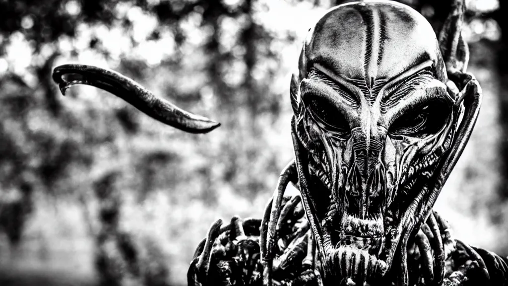 Prompt: alien predator in russian village. extreme long shot. black and white. bokeh.