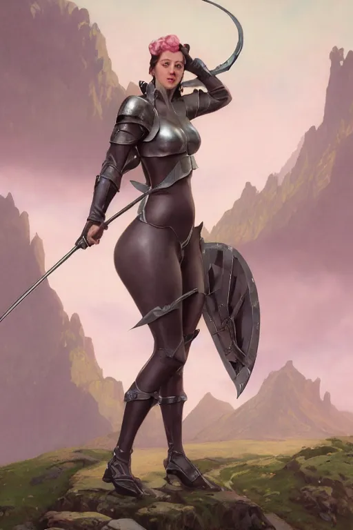 Prompt: full - body matte portrait of a voluptuous cattie - brie of mithril hall in a heroic pose holding a silver bow, tied leather armor, by artgerm, andreas rocha, greg rutkowski, mucha. pink quartz mountains in the far in the background, forest in the foreground, sharp edges. ultra clear detailed. 8 k. elegant. octane render