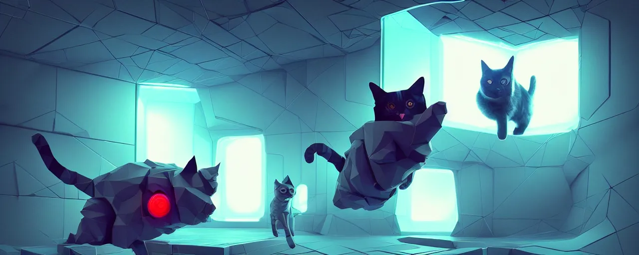 Image similar to duotone noir scifi concept illustration of lowpoly cats inside box floating zero gravity glowing 3 d mesh portals futuristic, glowing eyes, octane render, surreal atmosphere, volumetric lighting. accidental renaissance. by sachin teng and sergey kolesov and ruan jia and heng z. graffiti art, scifi, fantasy, hyper detailed. trending on artstation