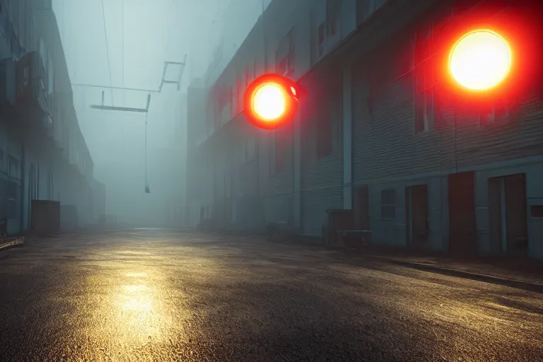 Image similar to a factory in fog, sun beams breaks through smoking pipes, a small red light is flashing in the bottom right corner, 4k, ultra details, cinematic, epic style, beautiful photo, hyper realistic, octane render, unreal engine, award winning, on artstation, volumetric lightning, masterpiece, golden hour,