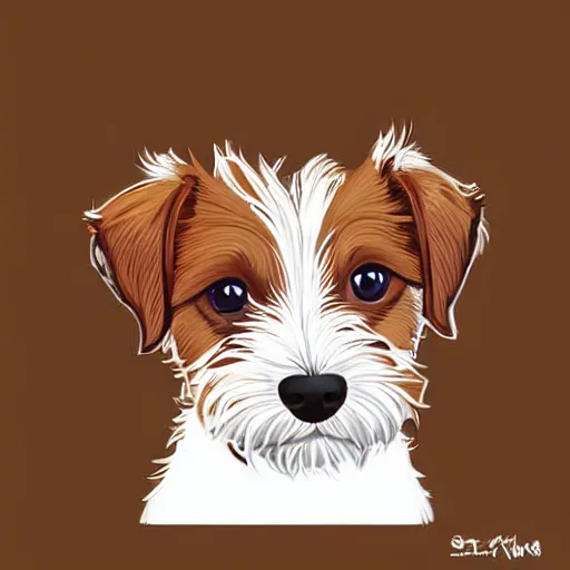 Image similar to a very cute wire haired jack russell terrier puppy. he is white with brown spots and brown patches over both eyes. clean cel shaded vector art. shutterstock. behance hd by lois van baarle, artgerm, helen huang, by makoto shinkai and ilya kuvshinov, rossdraws, illustration, art by ilya kuvshinov