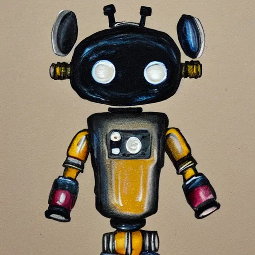 Prompt: a detailed painting of a cute retro robot dog made of alcohol ink on parchment, muted colors