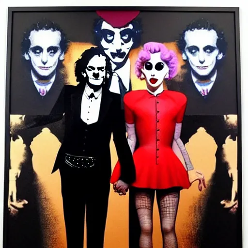 Image similar to richard hamilton and mimmo rottela and banksy as joaquin phoenix skinny joker holding hand lady gaga harley queen, ultra photorealistic, intricate details, pop art style, baroque, concept art, ultrarealistic, 3 colors, 4 k, 4 d, smooth, sharp focus
