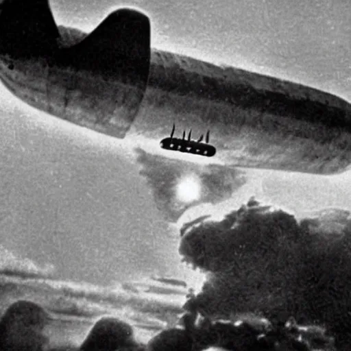 Image similar to ww 2 zeppelin in the sky, huge, firing rockets, bullets, bullet tracers, explosions, war photography