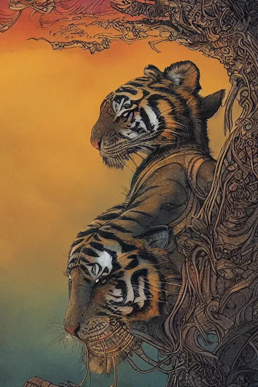 Prompt: immaculate tiger, in the style of Greg Broadmore and Arthur Rackham and Moebius,trending on artstation, light lighting side view,digital art,surrealism ,macro,blueprint ,vaporwave ,