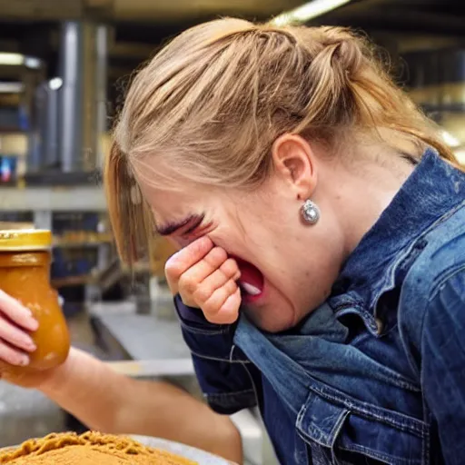 Prompt: person crying at a peanut butter factory