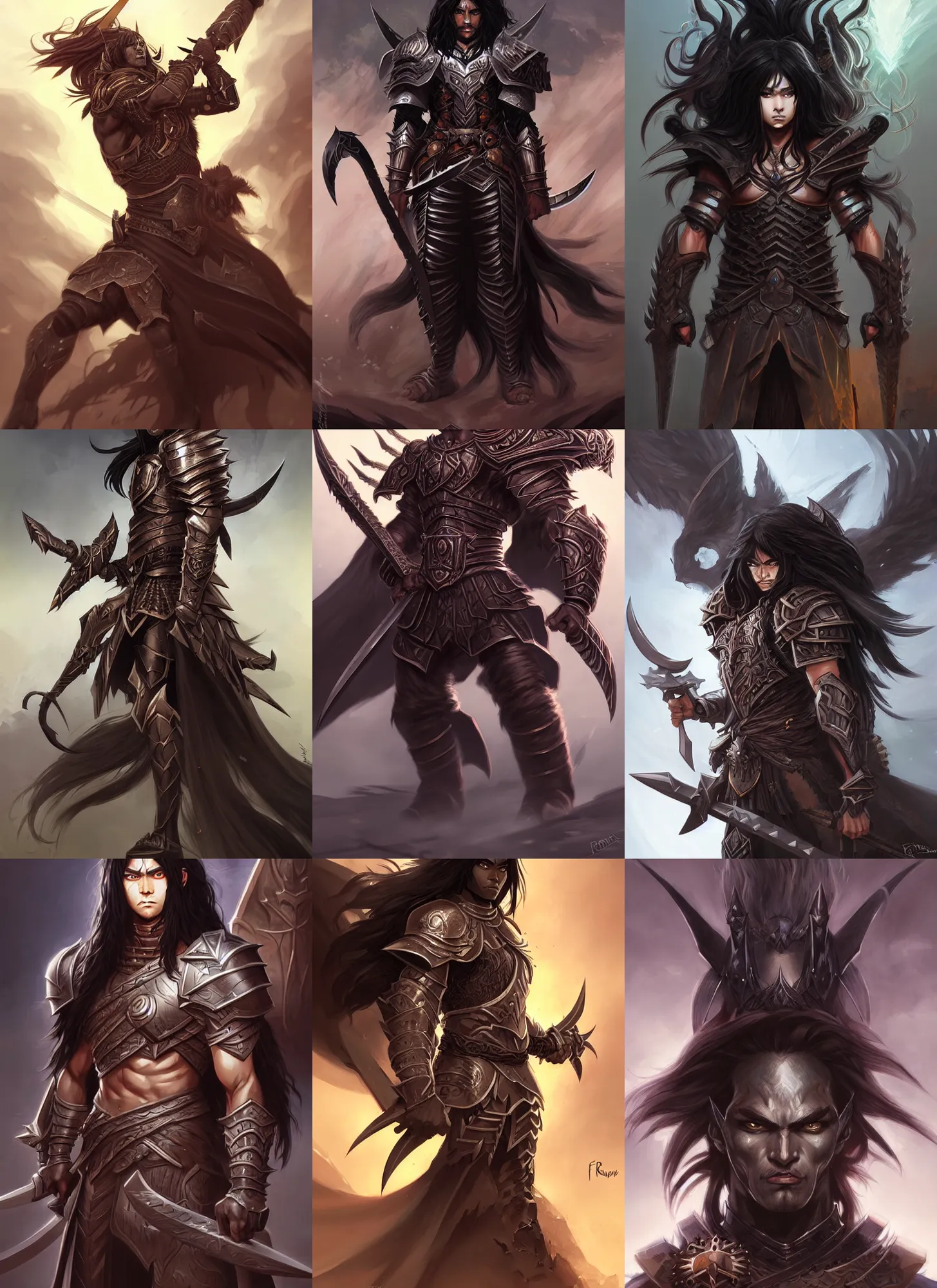 Image similar to beautiful warrior lord, black long hair, practical armor, brown skin, demonic eyes, low fantasy, extremely detailed, sharp focus, smooth, digital illustration, by rossdraws, frank franzzeta, sakimichan