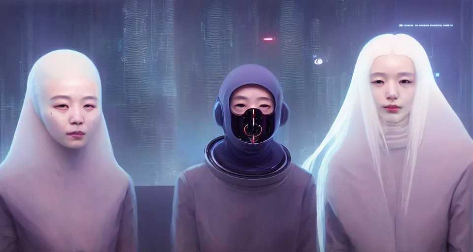 Image similar to portrait of yael shelbia and kang seul - gi, venus squid astronaut, burka, white hair, intricate design details. cyberpunk symmetrical facial, by ruan jia and beeple. smooth gradients, deep space.