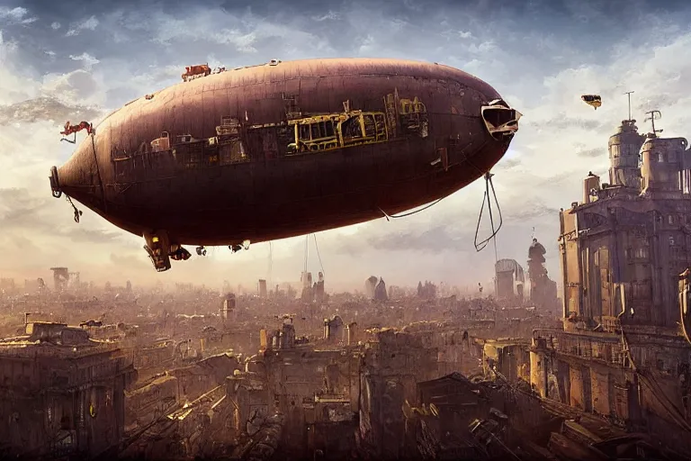 Image similar to a pig-blimp, steampunk, digital art, extremely detailed, flying over a city, greg rutkowski, cinematic