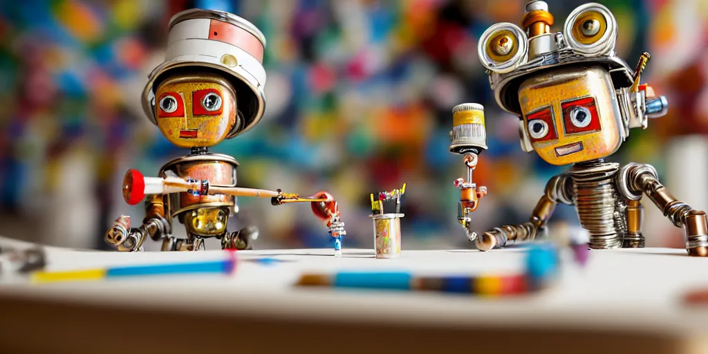 Image similar to closeup portrait of tin toy retro robot painter mixing gouache on white paper table in an artist workshop, depth of field, zeiss lens, detailed, centered, fashion photoshoot, by nicoletta ceccoli, mark ryden, lostfish, breathtaking, 8 k resolution, extremely detailed, beautiful, establishing shot, artistic, hyperrealistic, octane render