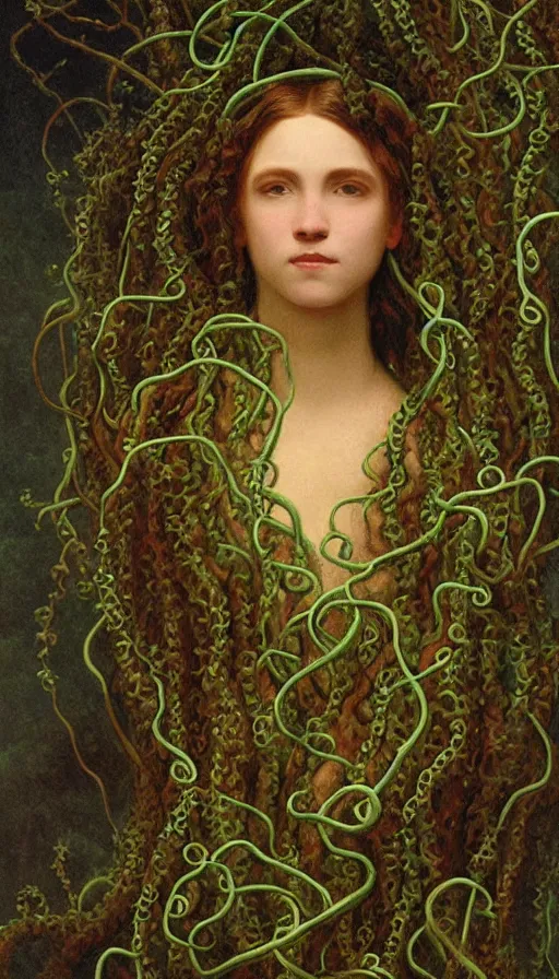 Image similar to very detailed portrait of a 2 0 years old girl surrounded by tentacles, the youg woman visage is blooming from fractal and vines, by albert bierstadt,