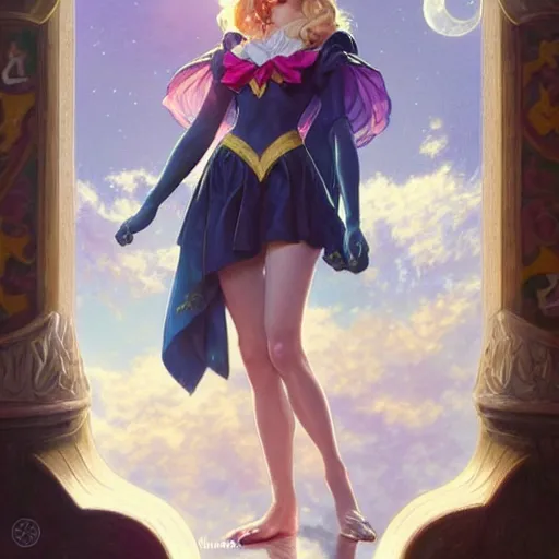 Image similar to Imogen Poots as Sailor Moon, western, D&D, fantasy, intricate, elegant, highly detailed, digital painting, artstation, concept art, matte, sharp focus, illustration, art by Artgerm and Greg Rutkowski and Alphonse Mucha