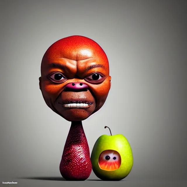 Prompt: bizarre cartoon fruit figurine that looks just like samuel l jackson as a fruit, by naoto hattori 8 k, fruit eyes, fruit world, beautiful intricate painting, hyper realistic, studio lighting, octane render