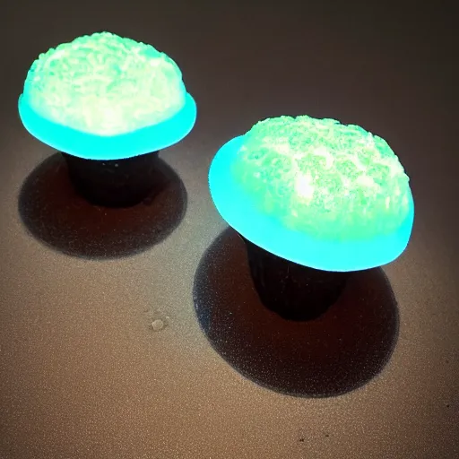 Prompt: bioluminescent jello mushrooms, high detail