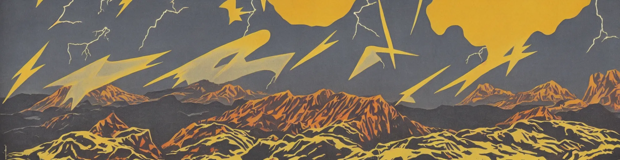 Image similar to solar montain with lightning bolts in 1940s propaganda poster