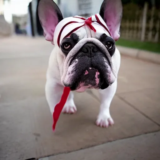 Prompt: a french bull dog dressed as eleven from stranger things