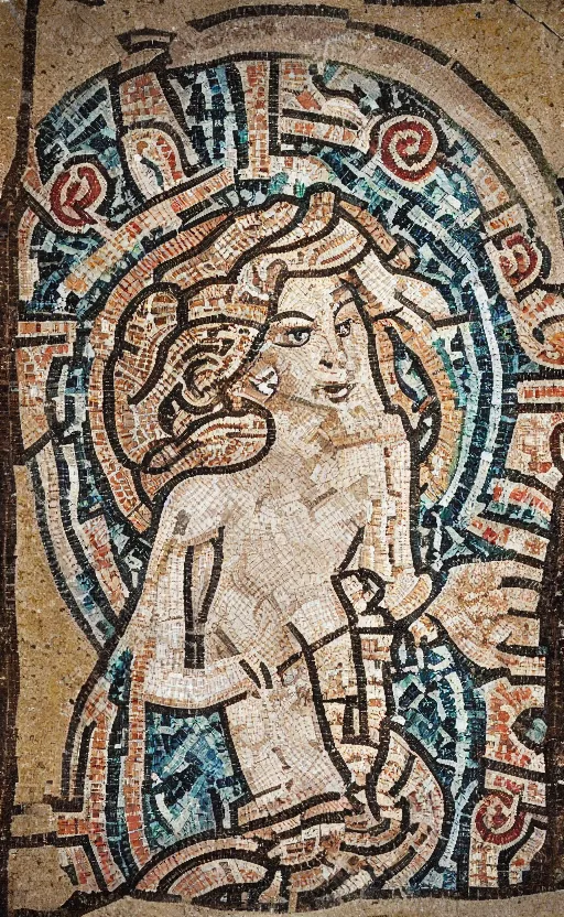 Image similar to ancient roman mosaic of beautiful gingerhead mermaid with long tail, dolphins, fishes stylised, symmetrical, minimal, octane, dynamic light