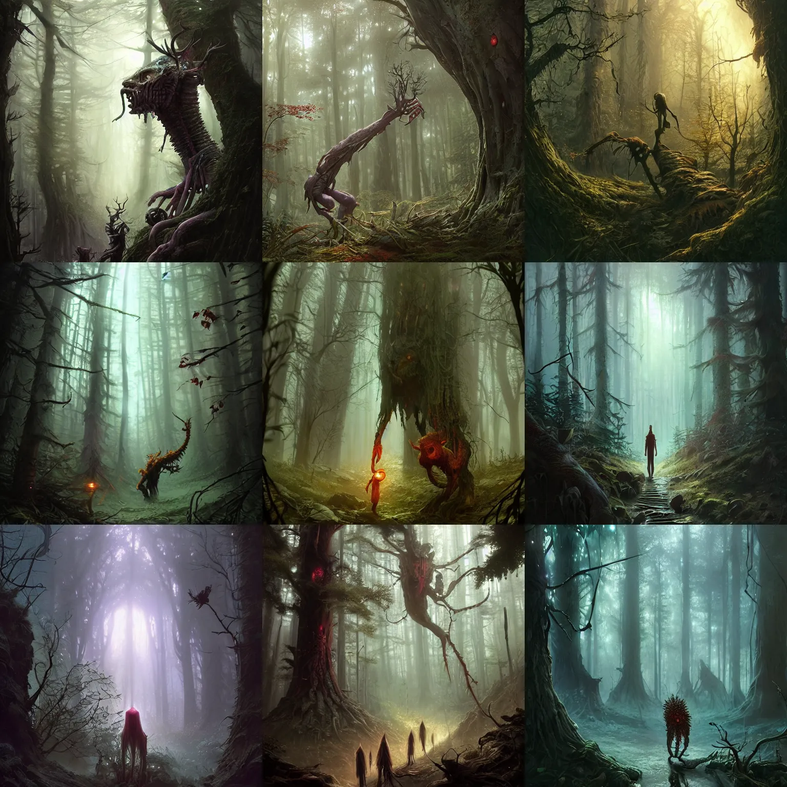 Image similar to highly detailed creepy forest humanoide creature, stephen bliss, unreal engine, fantasy art by greg rutkowski, loish, rhads, ferdinand knab, makoto shinkai and lois van baarle, ilya kuvshinov, rossdraws, tom bagshaw, global illumination, radiant light, detailed and intricate environment