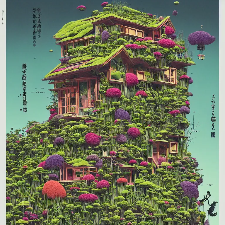 Image similar to tiny house by kengo kuma on island sea cloud surreal art by geof darrow jason naylor, very coherent, sharp, colorful high contrast, dark shadows, hard lighting, floralpunk flower green plants garden, inking etching screen print, hd, 8 k hyper detailed, octane render