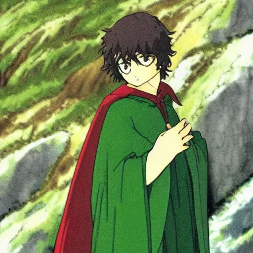 Prompt: peregrin took from the anime lord of the rings (1986), dark hair, green cape, studio ghibli, very detailed, realistic