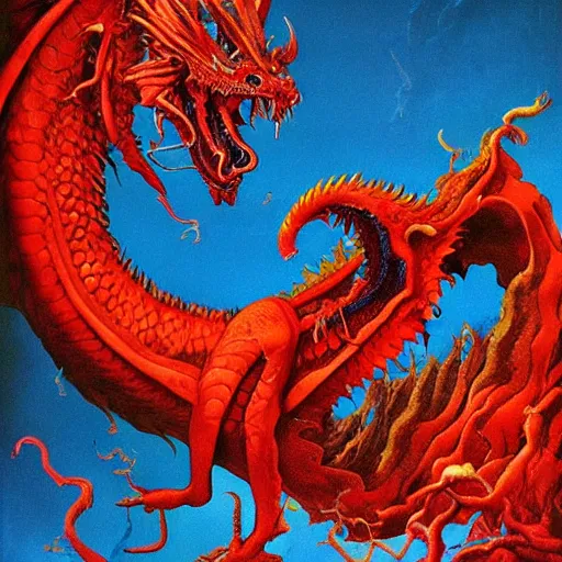 Prompt: a red dragon, fluid, smooth, organic, crazy, bright, colours, tumours, high contrast, sharpness, dramatic, very detailed, intricate, by giger and corben and moebius and beksinski and bosch and bacon