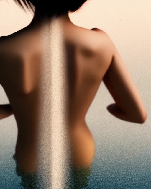 Prompt: closeup shot, flash long exposure of a back of asian woman fashion posing in the lake, minimal background, playboy style, digital illustration by ruan jia, sharp focus, high details